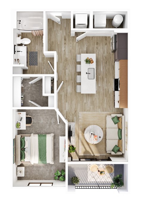 Floor plan for 1 bed, 1 bath, 735 sqft